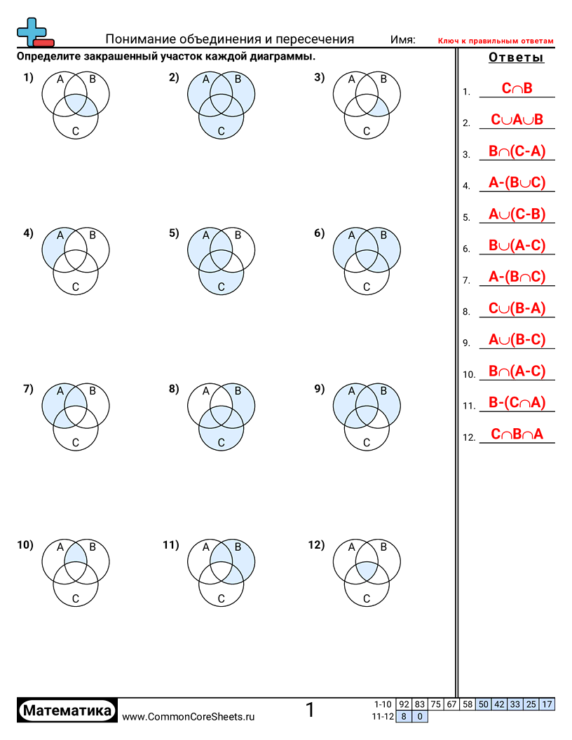 Понимание объединения и пересечения worksheet preview