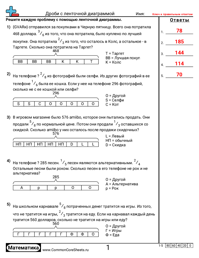Дроби с ленточной диаграммой worksheet preview