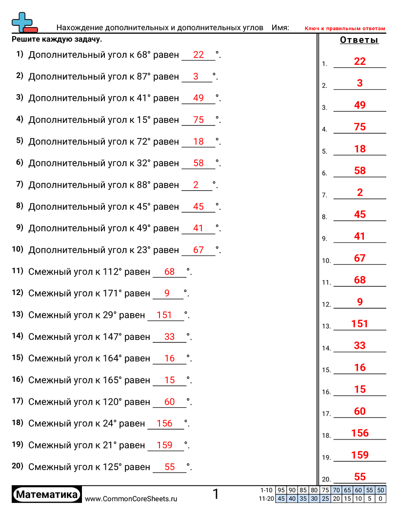 Рабочие Листы по Углам - нахождение-дополнительных-и-смежных-углов worksheet