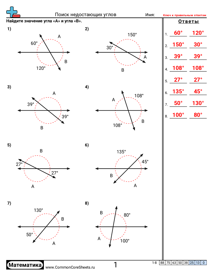 Рабочие Листы по Углам - нахождение-пропущенных-углов worksheet