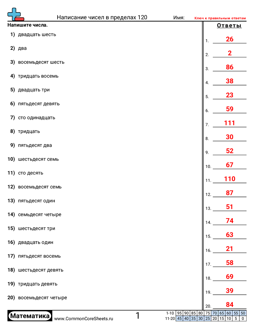 Слова в число (в пределах 120) worksheet preview