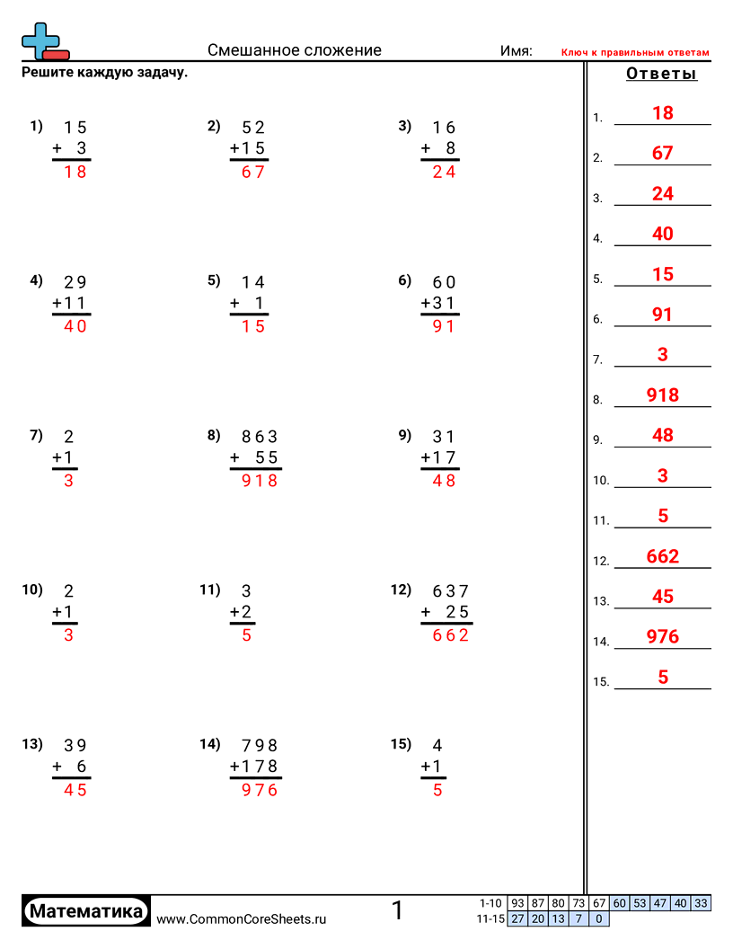Смешанное сложение worksheet preview