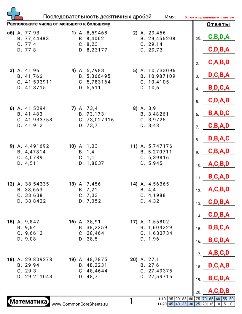 Рабочие Листы с Десятичными Дробями - до-сотых worksheet
