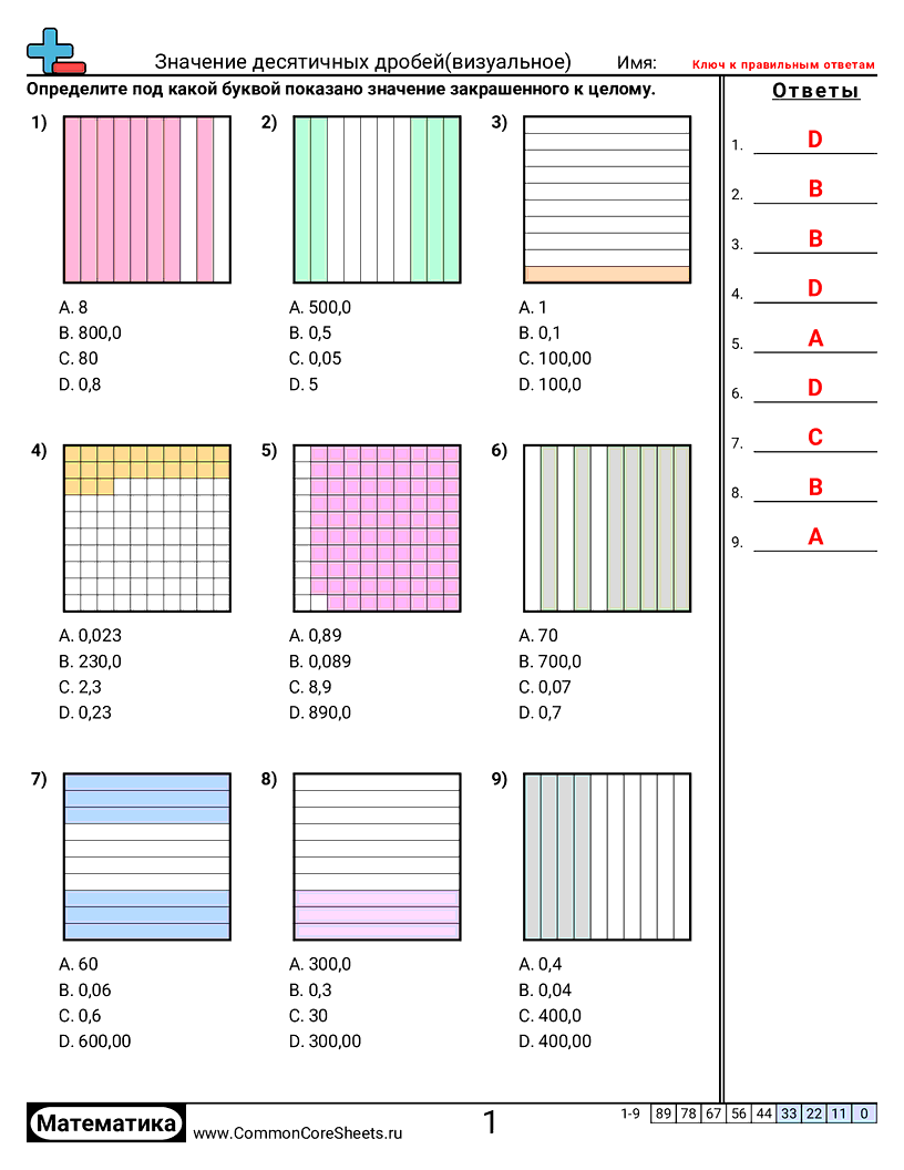 Рабочие Листы с Десятичными Дробями - десятые-и-сотые-выбор-ответа worksheet