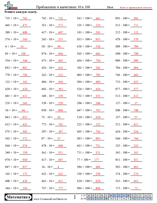  - сложение-и-вычитание-десяти-и-ста worksheet