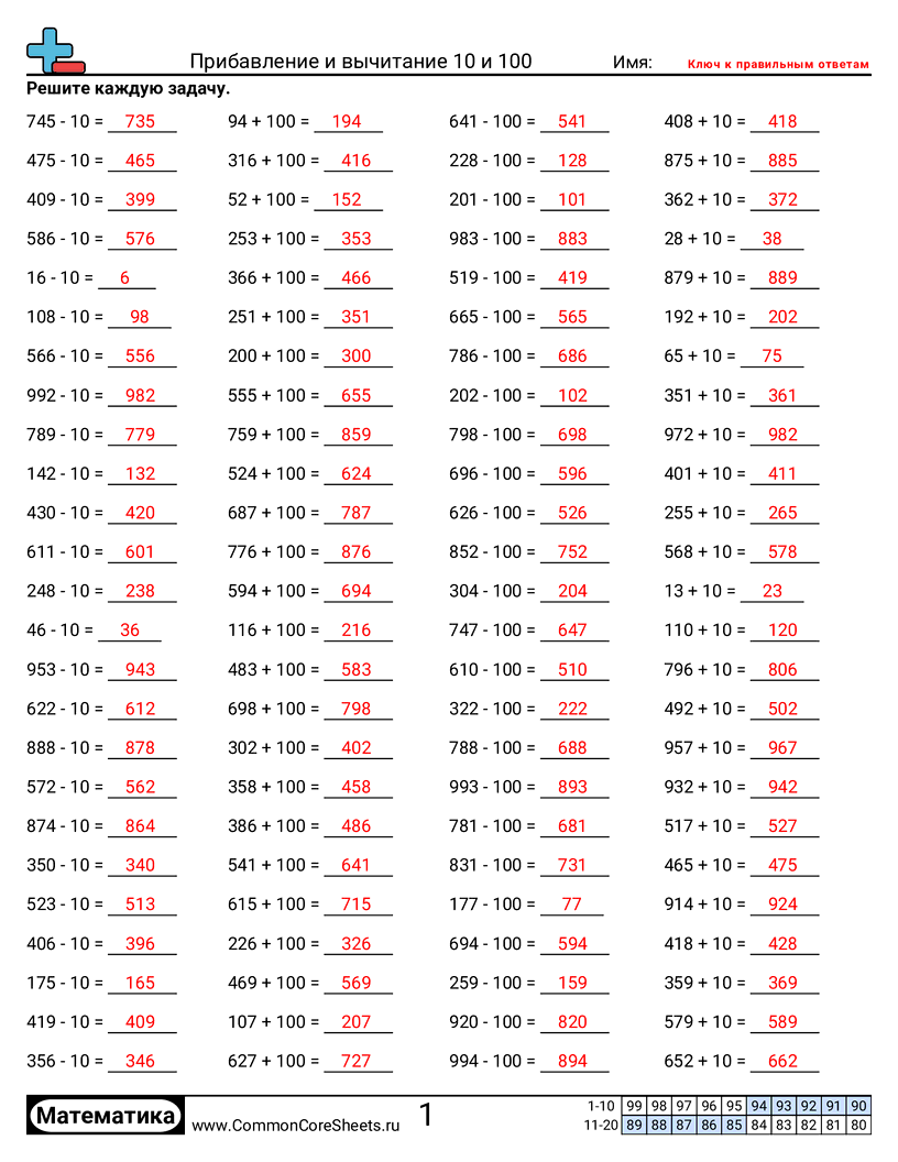 Листы для Математической Практики - сложение-вычитание-десятков-и-сотен worksheet