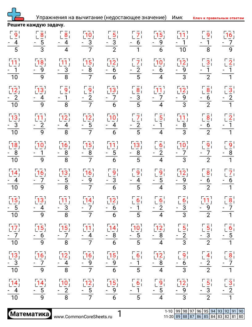 Листы для Математической Практики - тренировка-вычитания-пропущенное-уменьшаемое worksheet