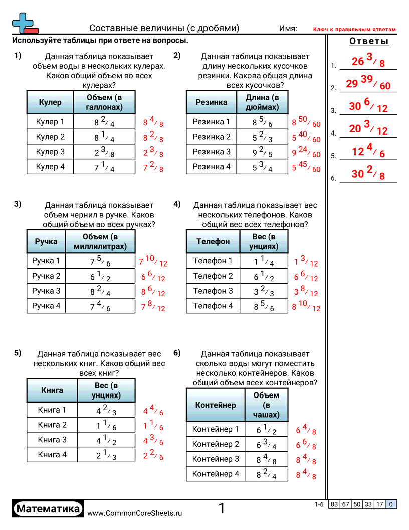 Рабочие Листы с Дробями - сложение-количеств worksheet