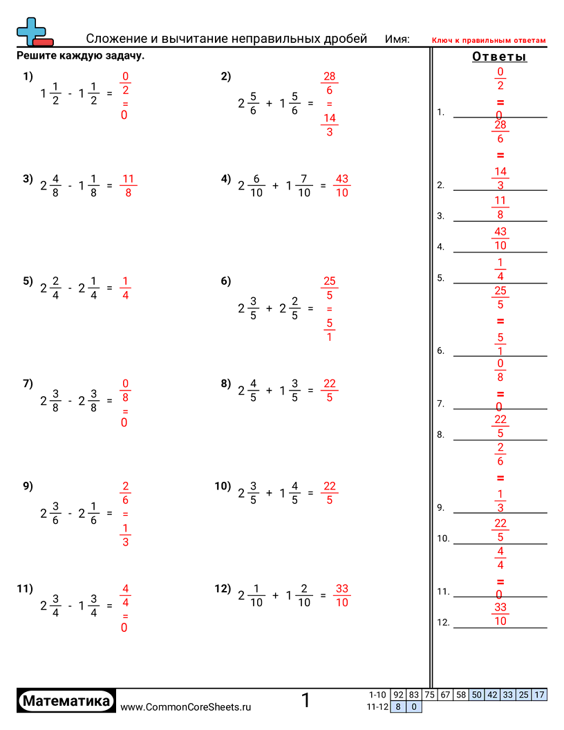 Рабочие Листы с Дробями - неправильные-дроби-одинаковые-знаменатели worksheet