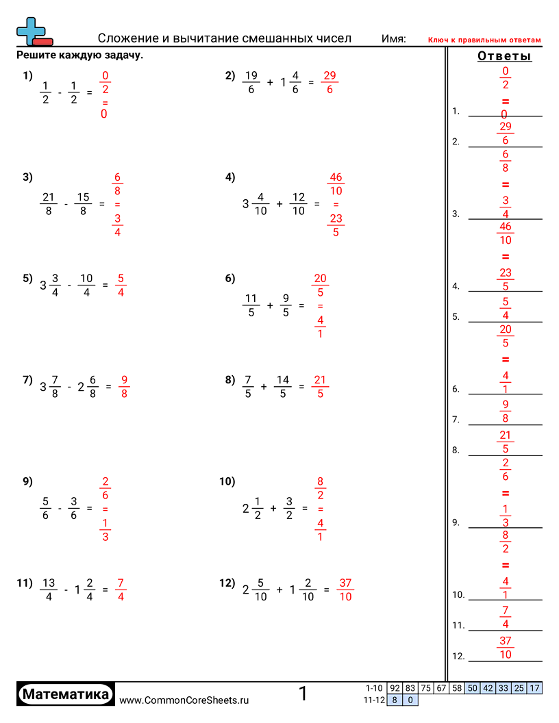 Рабочие Листы с Дробями - смешанные-дроби-одинаковые-знаменатели worksheet