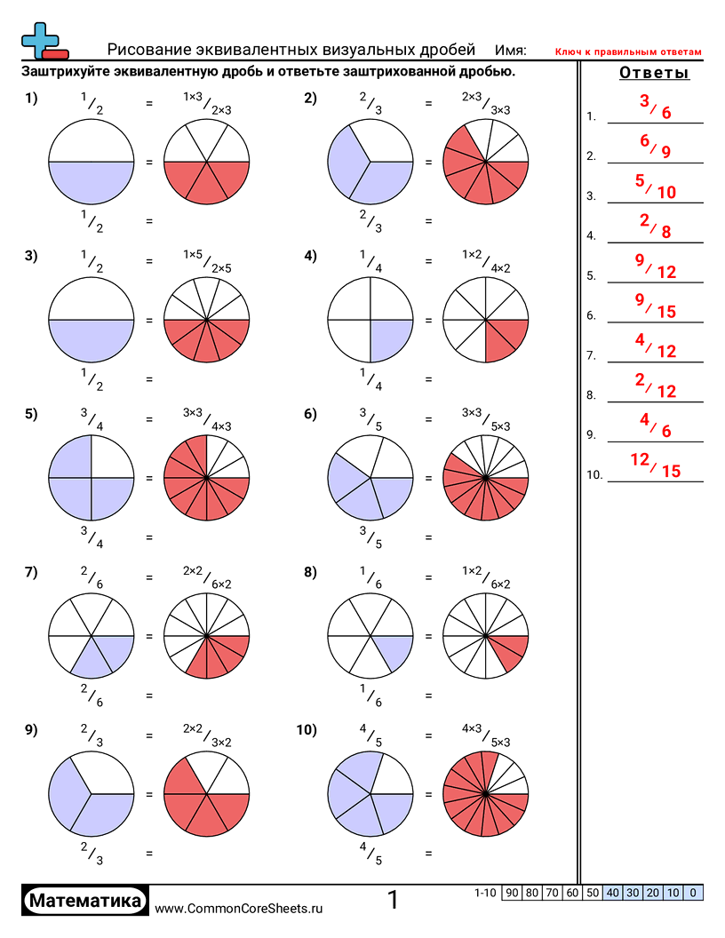 Рисование равных дробей (визуально) worksheet preview