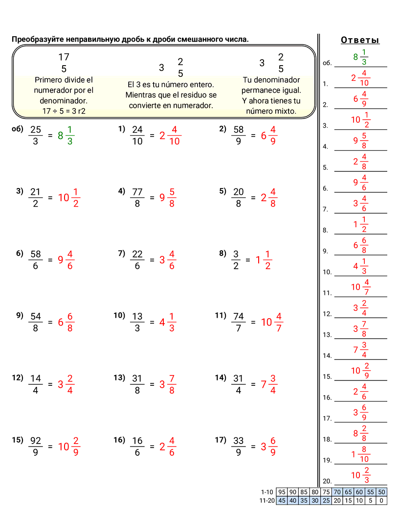 Рабочие Листы с Дробями - неправильная-дробь-в-смешанное-число worksheet