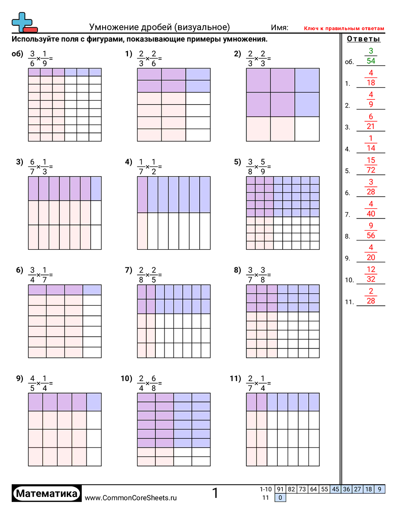 Рабочие Листы с Дробями - умножение-дробей-визуально worksheet