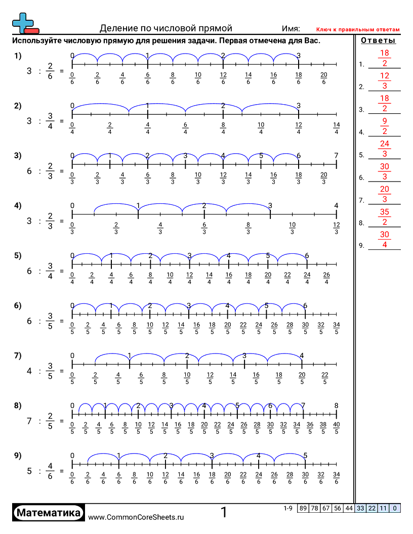 Рабочие Листы с Дробями - числовая-прямая-целое-по-дроби worksheet