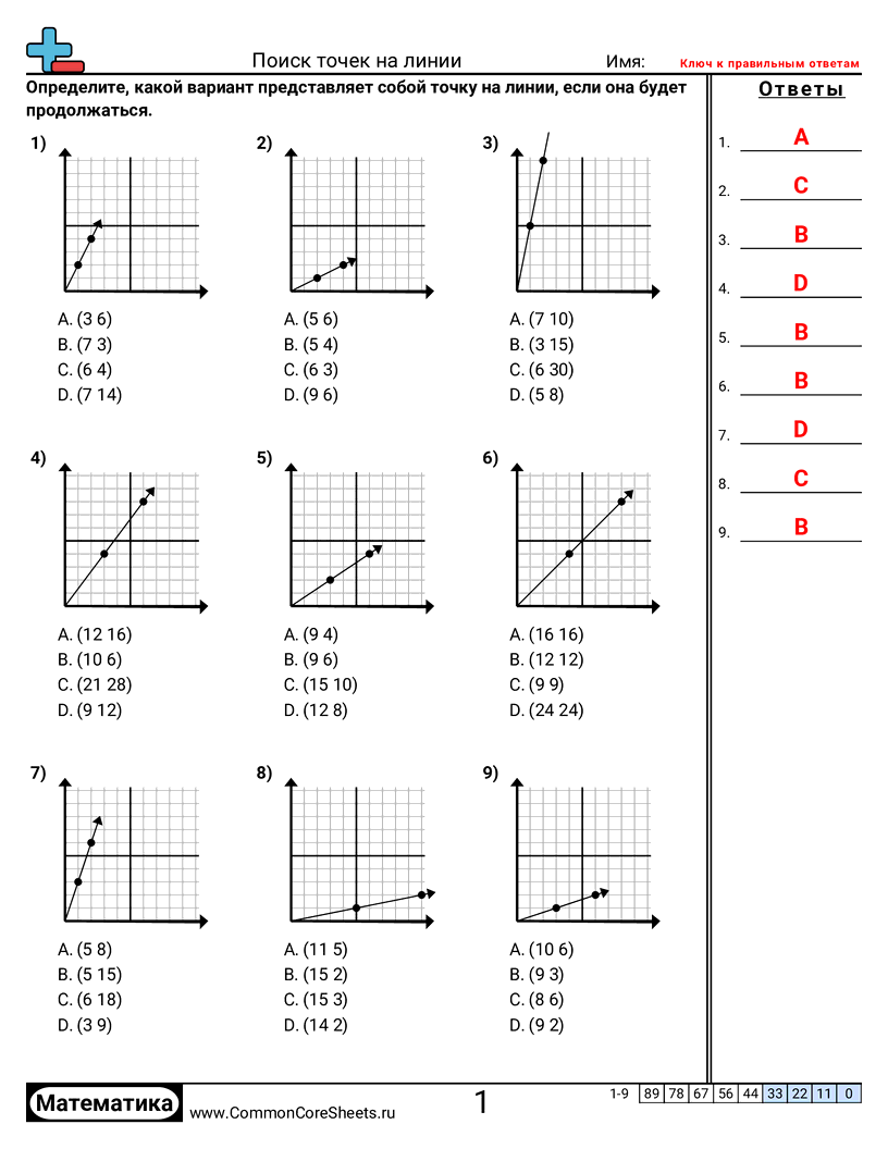 Рабочие Листы с Сетками Координат - Нахождение точек на прямой worksheet