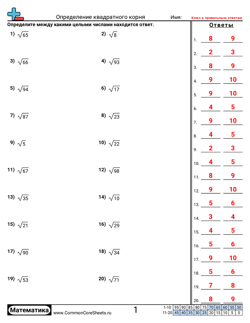 Изучение квадратных корней worksheet preview