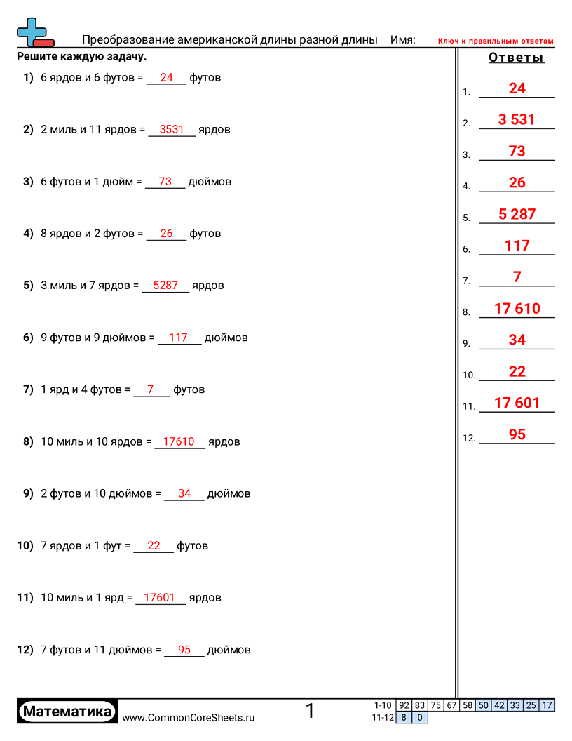 Рабочие Листы с Единицами Измерения - преобразование-смешанных-американских-единиц-длины worksheet