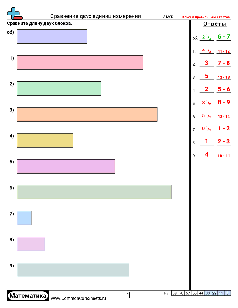 Рабочие Листы с Единицами Измерения - сравнение-ширины-объектов worksheet