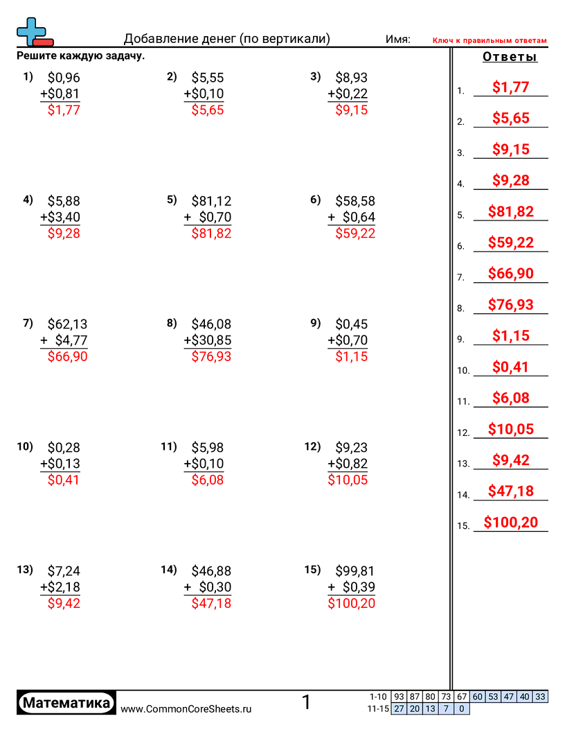 Рабочие Листы по теме Деньги - сложение-денег-вертикально worksheet