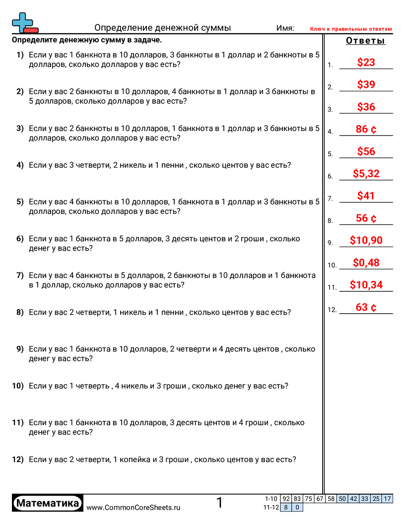 Рабочие Листы по теме Деньги - нахождение-сумм-доллары-и-центы worksheet