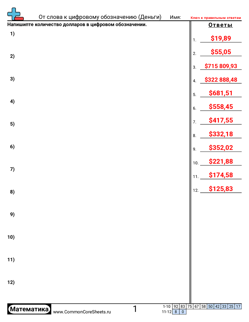 Рабочие Листы по теме Деньги - запись-стоимости worksheet