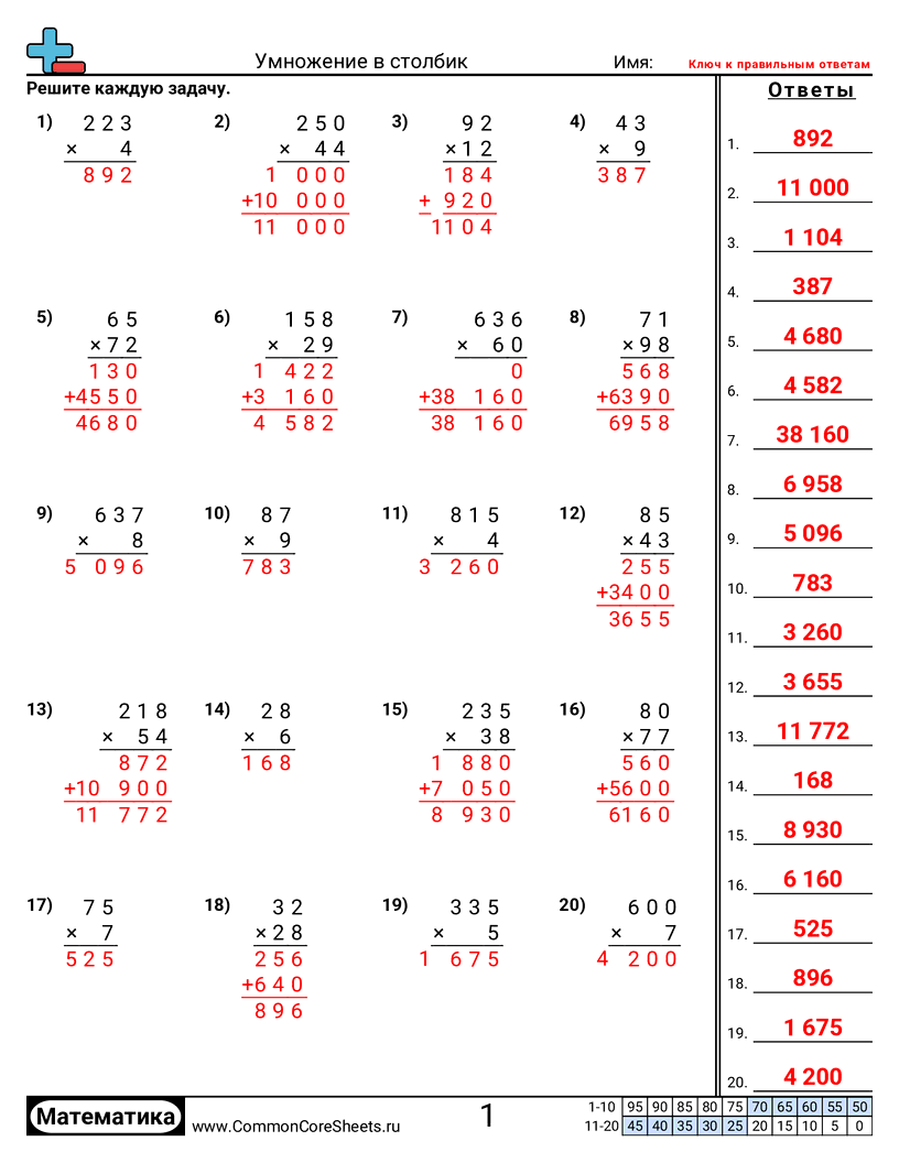 Рабочие Листы на Умножение - вертикально-4-значное-x-1-значное worksheet