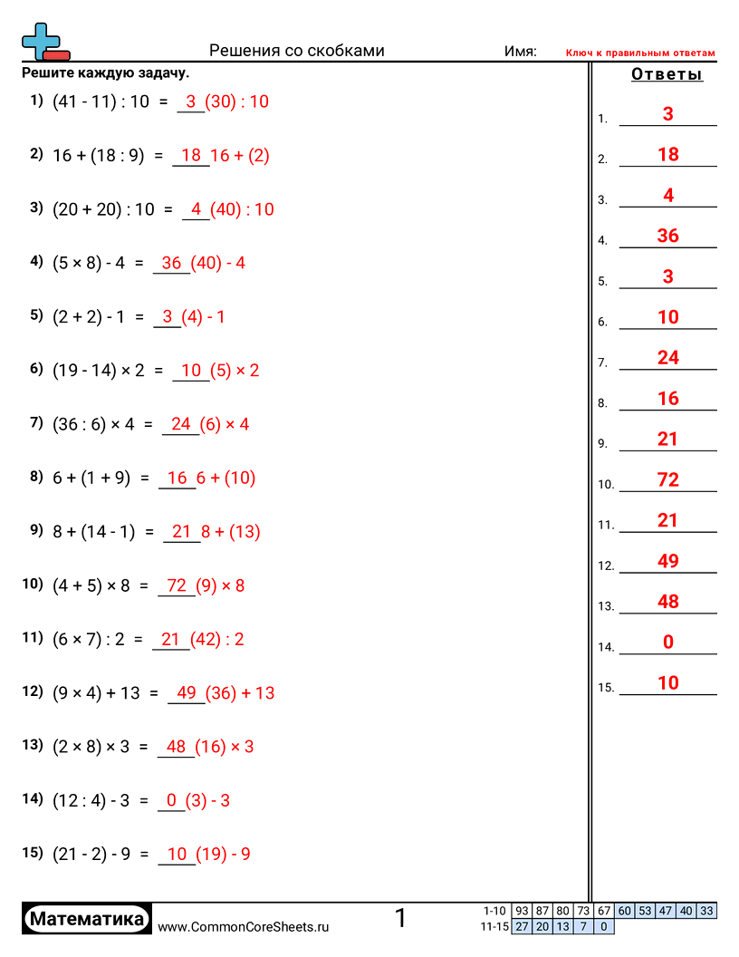 Рабочие Листы с Многоступенчатыми Задачами - решение-со-скобками worksheet