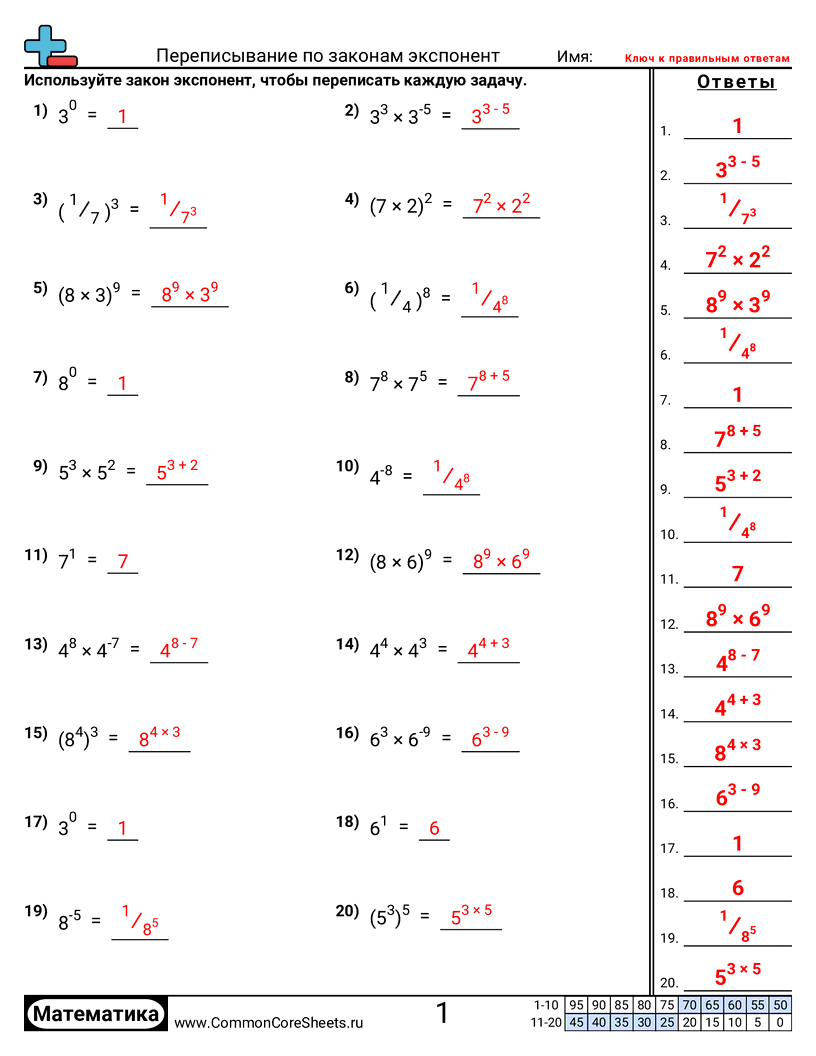 Переписывание с использованием законов степеней worksheet preview