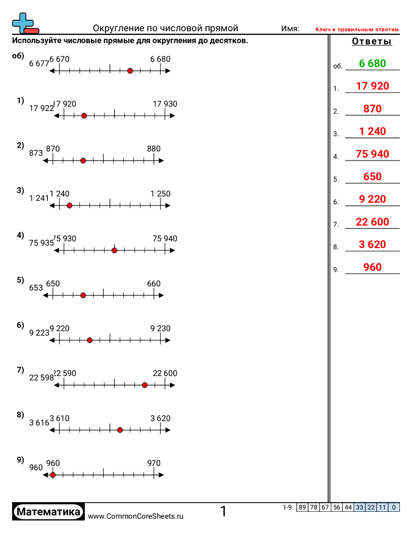Рабочие Листы на Округление - округление-до-десятков-с-помощью-числовой-прямой worksheet