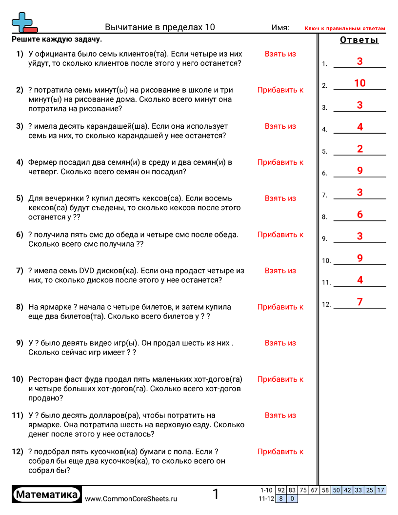 Рабочие Листы на Вычитание - 884 worksheet